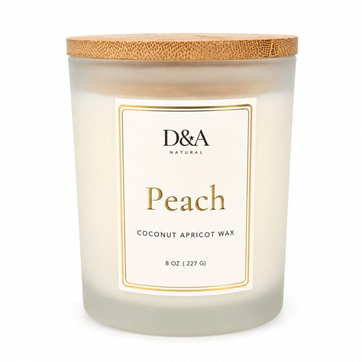 D&A Natural Peach coconut apricot wax candle in a frosted glass jar with a bamboo lid